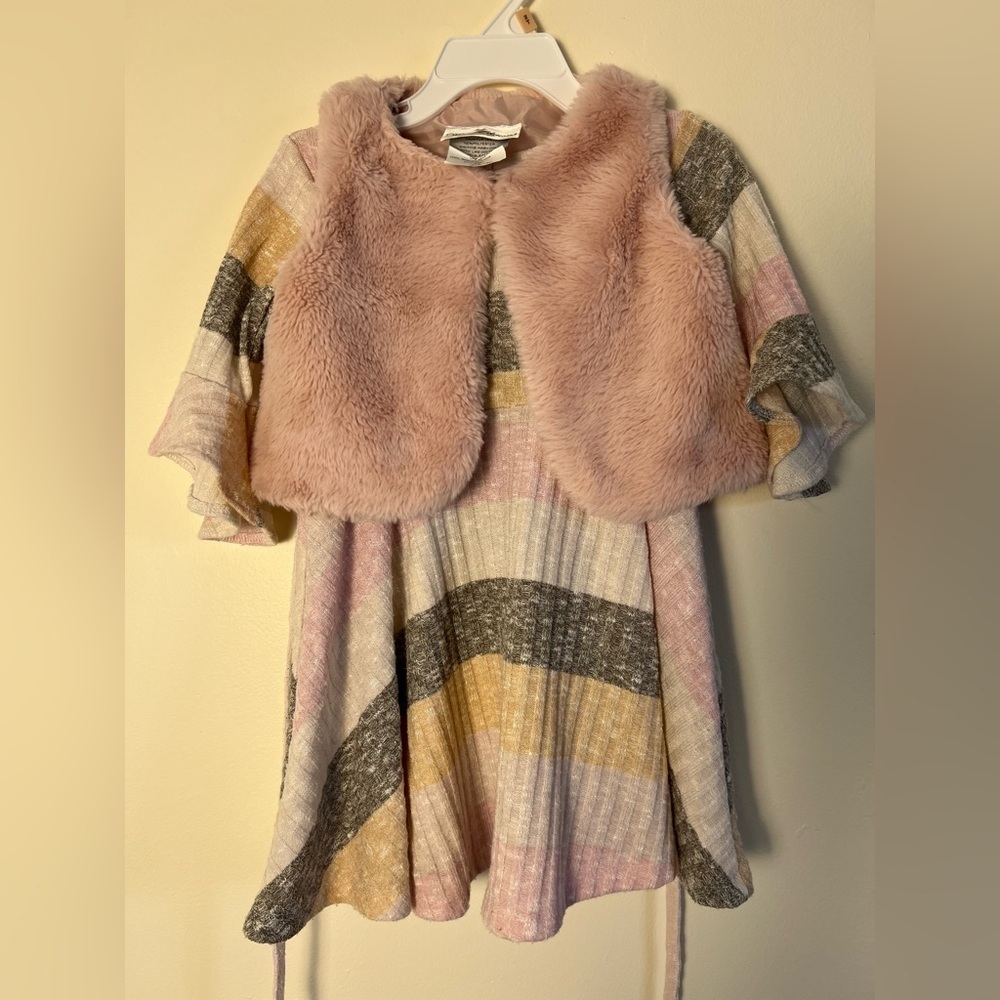 Rare Editions Toddler Dress 2T Faux Fur‎ Vest Pastel Stripes Knitwear Warm